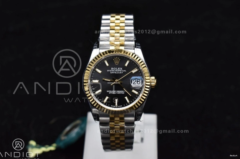 GSF DateJust Bracelet 278273 Soft President 561 on Ladies 316L Steel YG Black Dial Stick Markers 31 0731